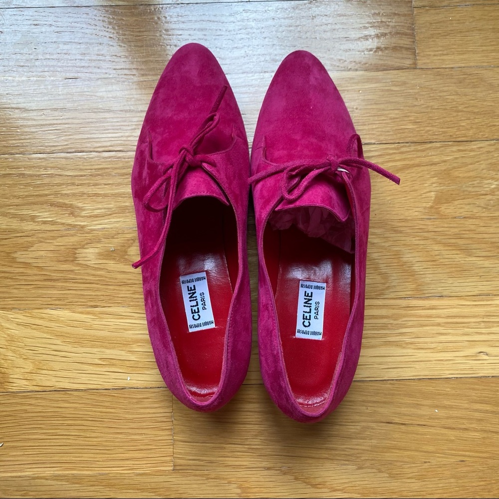 Vintage Celine laced hot pink suede loafers